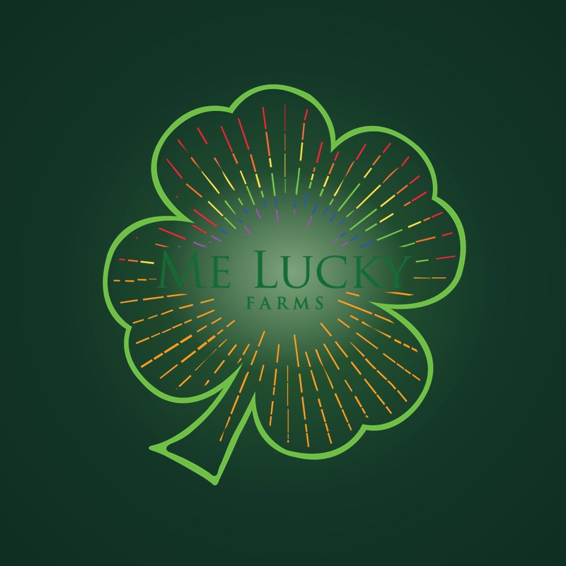 Me Lucky Farms sign badge glowing against a dark green ground: a green shamrock over radiating rainbow rays